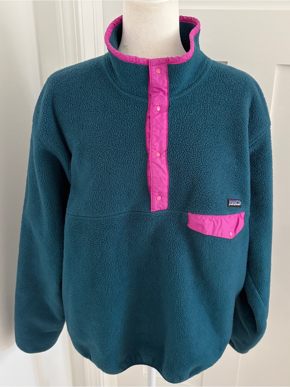 Vintage 90s Patagonia Synchilla Fleece Snap-T Pullover Teal Pink Made USA XL